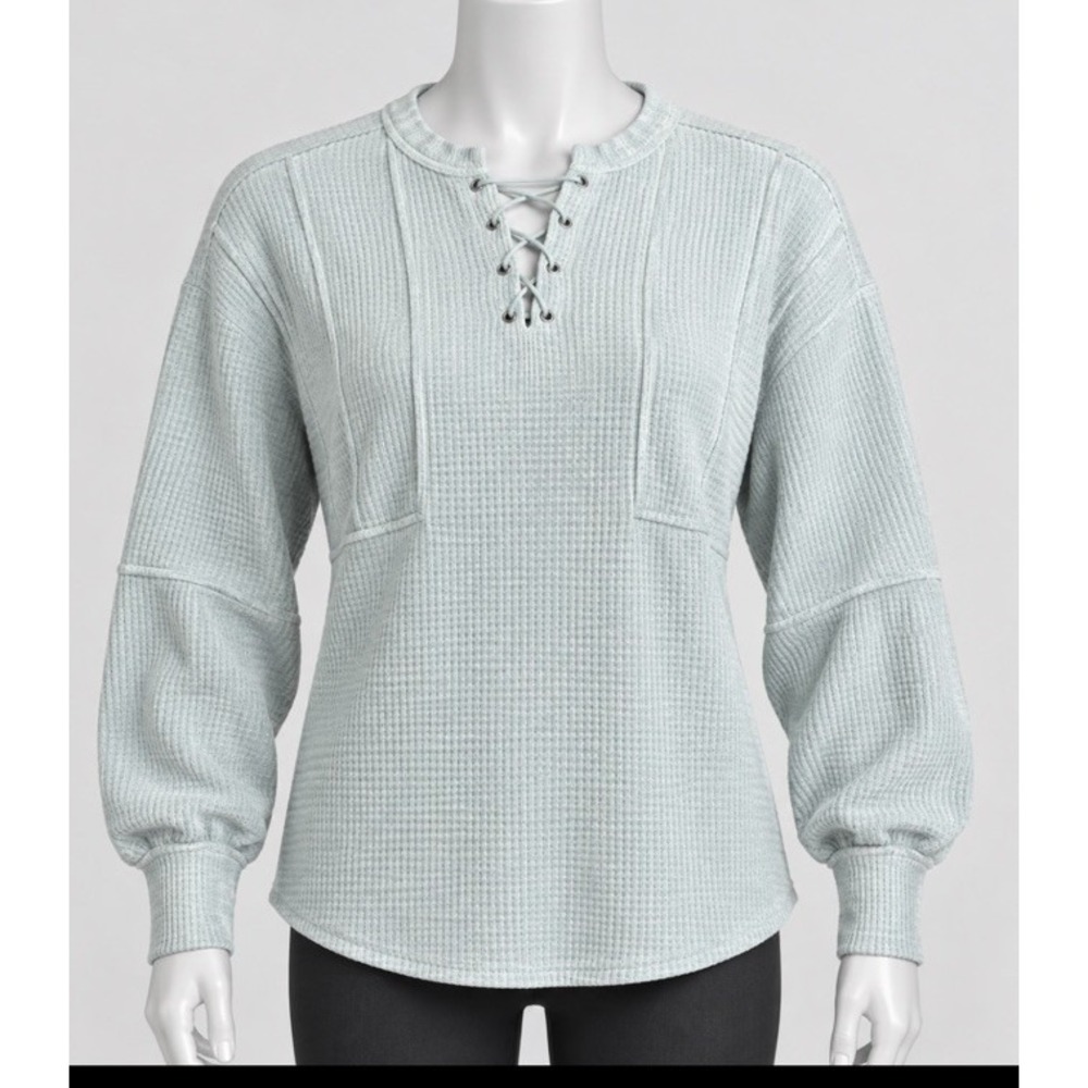 BKE Buckle Women Waffle Knit Henley Long Sleeve Size XS Mint Green